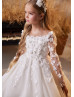 Long Sleeves Beaded White Lace Tulle Floral Flower Girl Dress